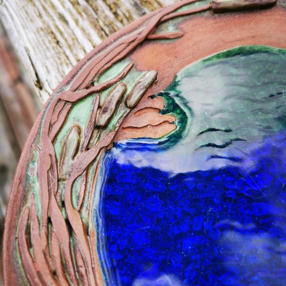 Red Clay Art Pottery Plate with Water Scene and Cat Tails / Bulrush - Picture 3 of 16